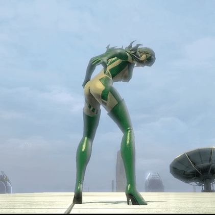 3d animated ass bodysuit boots buildings cg city clouds dc_comics dc_universe_online dcuo game gfycat gif gloves green_bodysuit green_boots green_gloves green_hair green_latex green_spandex green_suit green_tights high_heels latex metropolis searching skyscrapers spandex thigh_gap tights
