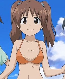 3_girls 3girls anime bikini breasts cleavage happy medium_breasts mochizuki_tomomi multiple_girls orange_bikini shinryaku!_ikamusume smile squid_girl tomomi_mochizuki twintails