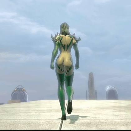 3d animated ass bodysuit boots buildings cg city clouds dc_comics dc_universe_online dcuo game gfycat gif gloves green_bodysuit green_boots green_gloves green_hair green_latex green_spandex green_suit green_tights high_heels latex metropolis skyscrapers spandex thigh_gap tights walking