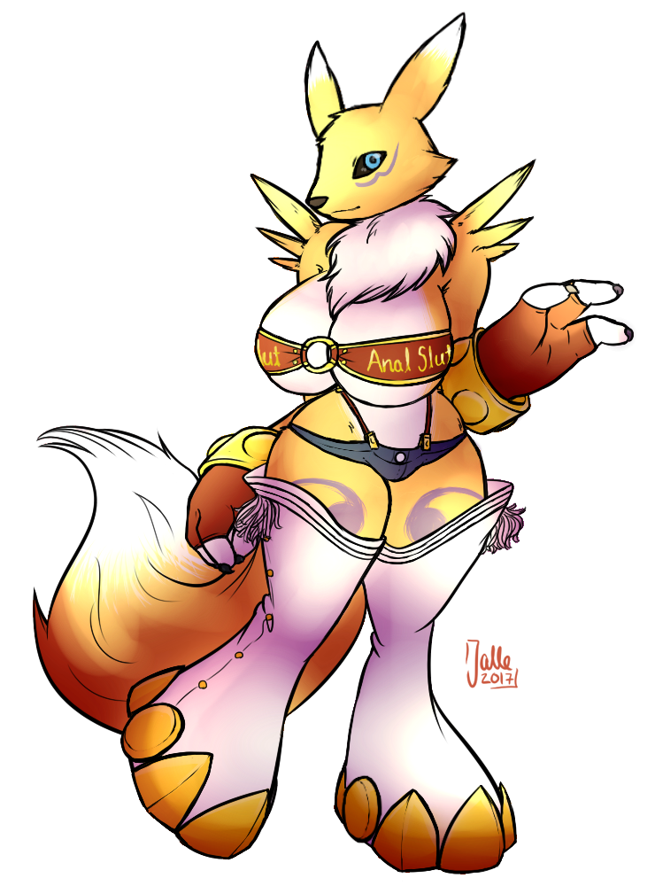 1_anthro 1_female 1_girl 2017 anthro anthro_canine anthro_fox anthro_vixen big_breasts blue_eyes breasts canine clothed clothing digimon english_text female female_anthro female_only female_renamon fingerless_gloves fur furry gloves high_res jalle looking_at_viewer purple_fur renamon shorts solo standing toei_animation two_tone_fur white_fur wide_hips yellow_fur