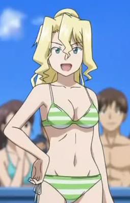 :d anime bikini cindy_campbell green_bikini horizontal-striped_bikini kyanberu_shindi shindi_kyanberu shinryaku!_ikamusume side-tie_bikini smile squid_girl striped_bikini