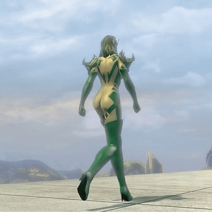 3d animated ass bodysuit boots buildings cg city clouds dc_comics dc_universe_online dcuo game gfycat gif gloves green_bodysuit green_boots green_gloves green_hair green_latex green_spandex green_suit green_tights high_heels latex loop metropolis skyscrapers spandex thigh_gap tights walking