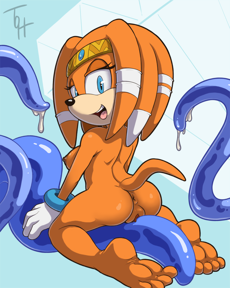 1girl anus ass barefoot blue_eyes bracelet chaos echidna erect_nipple gloves looking_at_viewer nude orange_fur pussy sega short_tail sideboob simple_background smile sonic_(series) sonic_team sonic_the_hedgehog_(series) tentacles the_other_half tiara tikal_the_echidna toes
