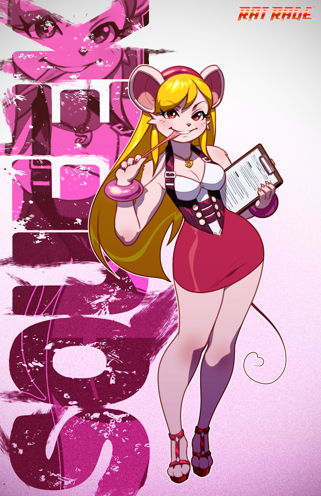 &lt;3 1girl 4_fingers anthro blonde_hair bracelet breasts chart clothed clothing eating english_text eyelashes footwear fur furry hair hairband high_heels jewelry mammal mouse necklace pink_fur red_eyes robert_porter rodent shoes squeek text