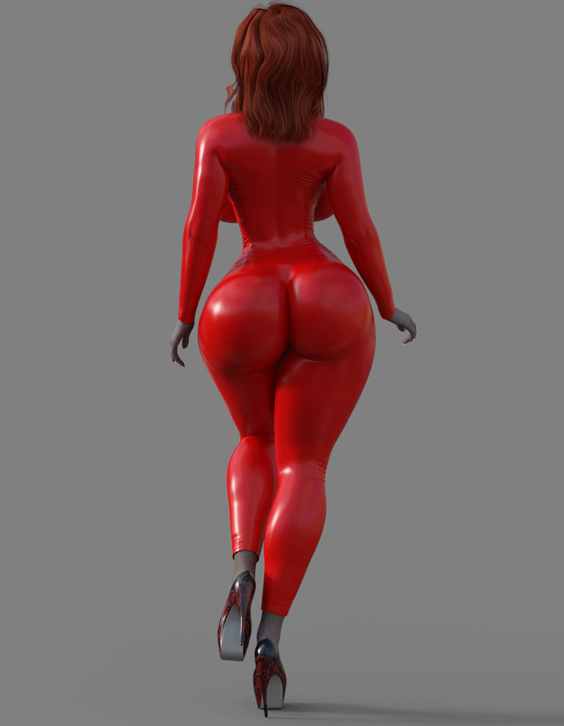 1girl 3d ass breasts gif high_heels jumpsuit latex redhead walking