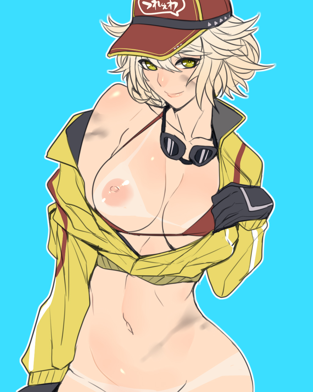 1girl ban baseball_cap belly big_breasts bikini bikini_aside bikini_tan bikini_top black_gloves blonde blue_background blush bottomless breasts cap cidney cleavage covered_breasts cropped_jacket curvaceous dark_skin dirty dirty_face erect_nipples erect_nipples_under_clothes female female_only final_fantasy final_fantasy_xv gloves goggles goggles_around_neck green_eyes hat high_resolution hips jacket looking_at_viewer navel nipples nopan nude off_shoulder open_clothes open_jacket out-of-frame_censoring short_hair simple_background slender_waist smile solo swimsuit swimsuit_aside swimsuit_under_clothes tan_line tanned undressing unzipped upper_body yellow_eyes