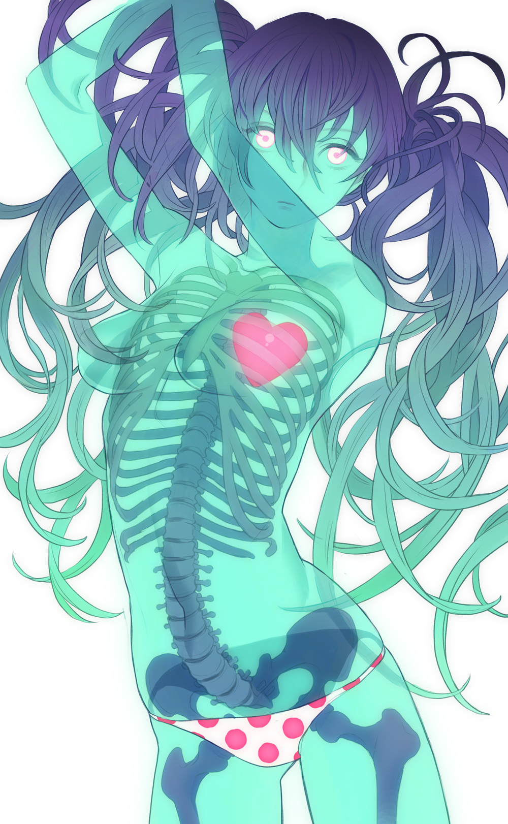 &lt;3 1girl 1girl bone breasts clothed clothing ghost hair high_res internal long_hair panties simple_background skeleton spirit tkss topless translucent_body undead underwear white_background