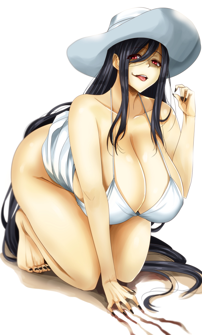 1girl 1girl 1girl all_fours barefoot black_hair breasts cleavage collarbone creepy curvy dress full_body hasshaku-sama hat huge_breasts long_fingernails long_hair looking_at_viewer mature milf nail_polish open_mouth original red_eyes simple_background skirt skirt_around_belly smile summer sundress thighs toenail_polish tongue tongue_out very_long_hair white_background yamada_naoko_(hideko1227)