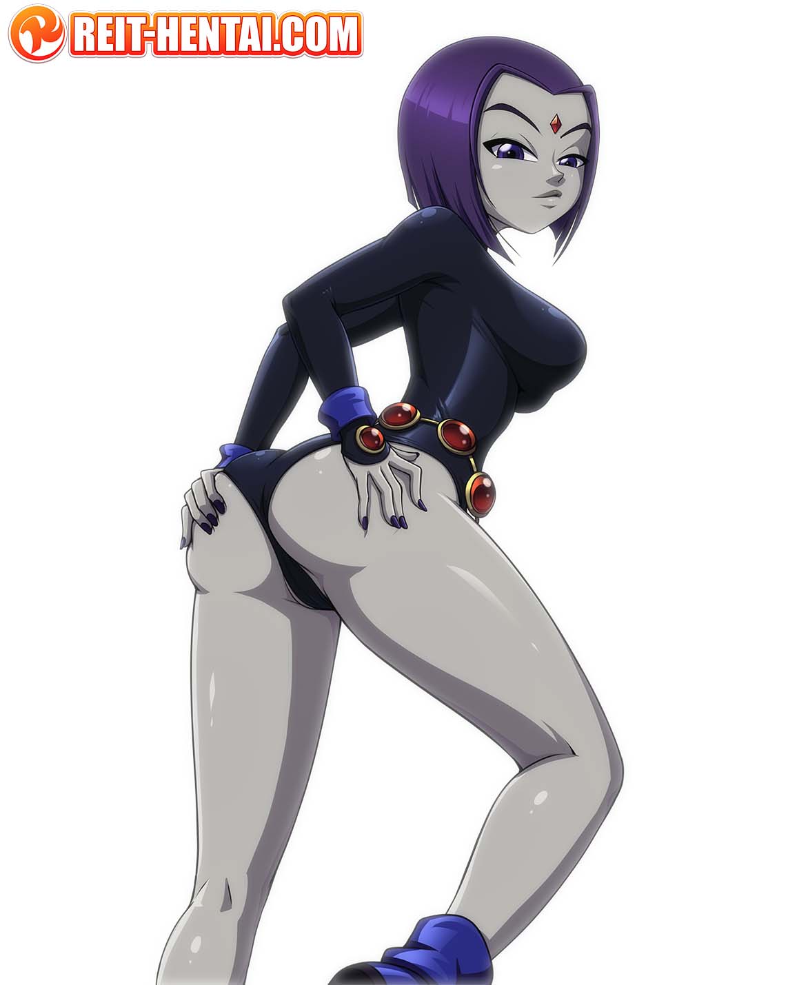 1girl cartoon_network clothed clothed_female dat_ass demon_girl forehead_jewel grey_skin hands_on_own_ass looking_at_viewer looking_back no_background older older_female purple_eyes purple_hair purple_nails pussy_visible_through_clothes rachel_roth raven_(dc) reit short_hair simple_background spread_ass teen_titans tight_clothing watermark white_background young_adult young_adult_female young_adult_woman