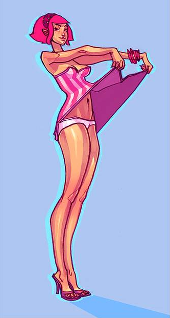 1girl breasts female full_body high_heels lazytown pink_hair solo standing stephanie_meanswell striped