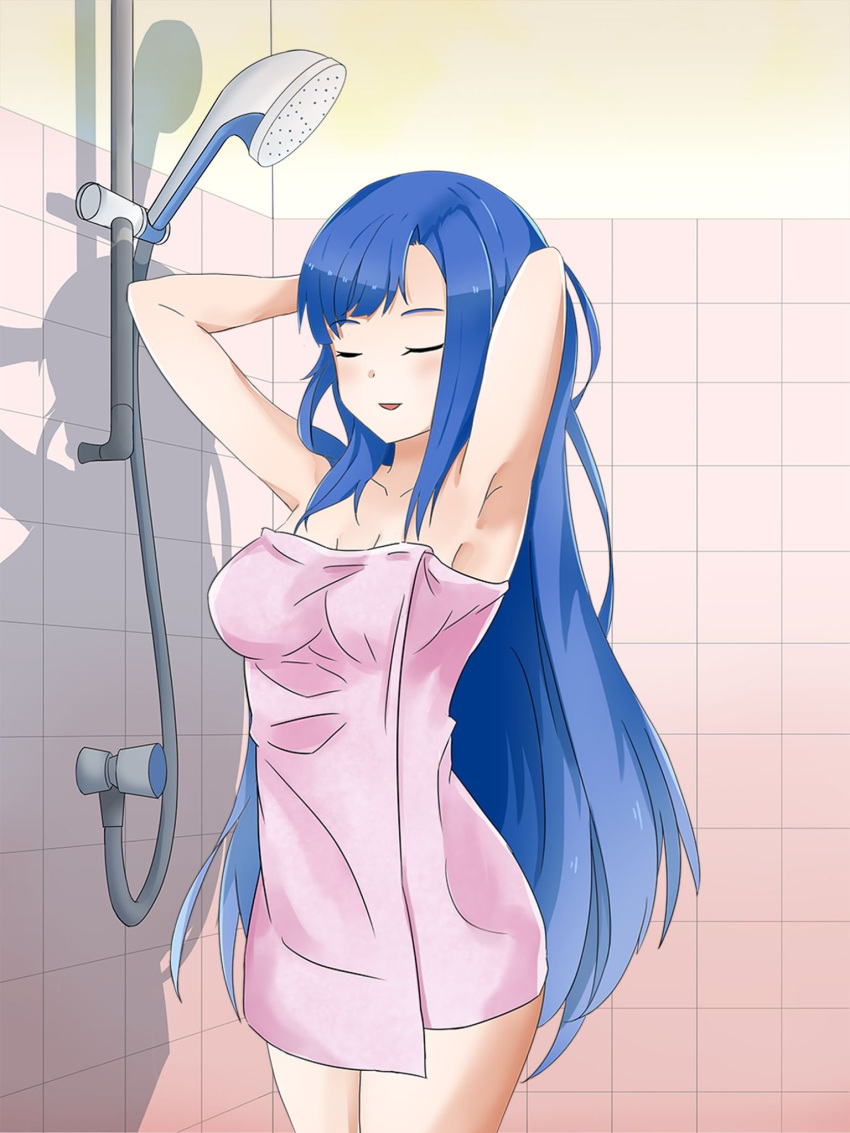 bath blue_hair booty_calls closed_eyes long_blue_hair long_hair mostly_nude shower shower_head solo standing tagme towel