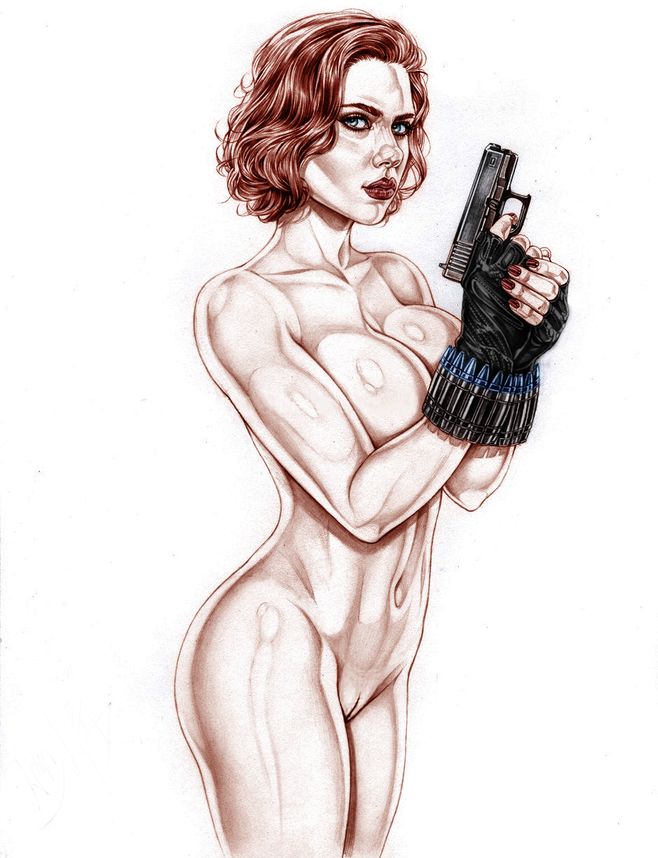 1girl actress armando_huerta avengers bare_shoulders belly big_breasts black_widow blue_eyes breasts celeb cleavage covered_breasts eyelashes female_only fingerless_gloves gloves gun high_resolution hips holding_gun holding_weapon legs light-skinned_female light_skin lipstick looking_at_viewer makeup marvel marvel_comics nail_polish natasha_romanoff navel pussy red_hair red_lips red_lipstick scarlett_johansson short_hair simple_background thighs topless weapon white_background