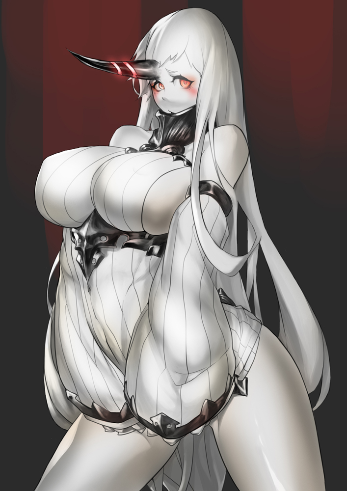 1girl armwear big_breasts blush breasts claws clothed clothing detached_sleeves hair harbour_princess horn humanoid hybrid kantai_collection long_hair machine monster pale_skin red_eyes seaport_hime tight_clothing white_hair yugi7345