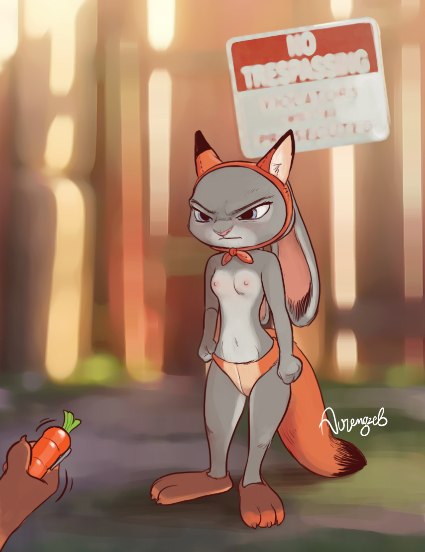 1girl 2017 anthro blue_eyes blush breasts canine clothed clothing disembodied_hand disney duo fake_ears fox furry glare judy_hopps lagomorph male mammal navel nick_wilde nipples rabbit small_breasts solo_focus tears-of-blade topless zootopia