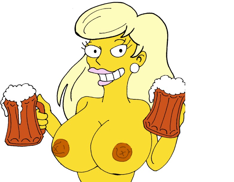 1girl areolae beer big_breasts breasts duckymomoisme earrings hand_drawn looking_at_viewer milf sexy slut smile standing the_simpsons titania_(the_simpsons) topless white_hair yellow_skin