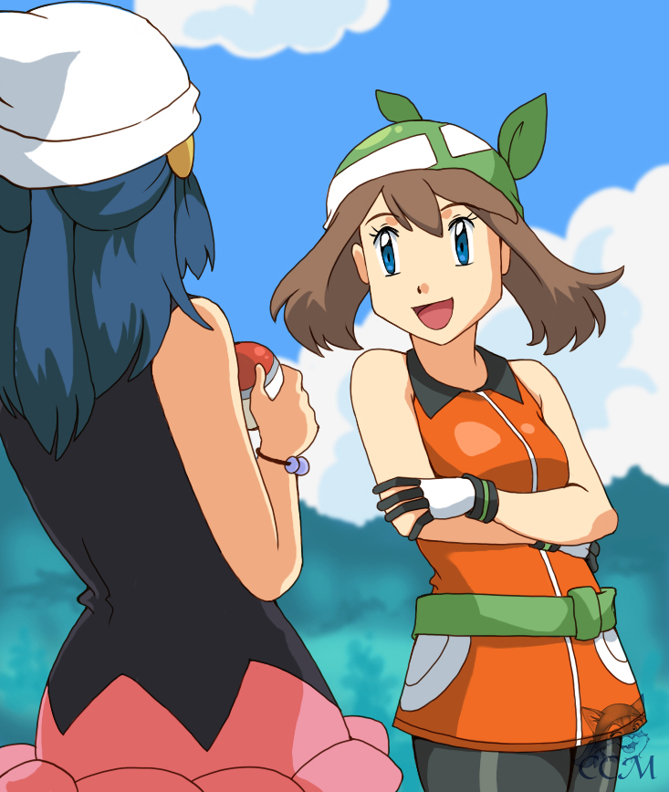 2girls :d alluring arm arms arms_crossed art bandana bandanna bare_arms bare_shoulders beanie black_dress blue_eyes blue_hair blush brown_hair ccm_(artist) cleavage cloud collared_shirt crossed_arms dawn_(pokemon) dress friends game_freak gloves green_bandana green_bandanna hair_ornament half_updo haruka_(pokemon) haruka_(pokemon_emerald) hat hikari_(pokemon) holding holding_poke_ball humans_of_pokemon long_hair looking_at_another looking_at_each_other looking_at_viewer may may_(pokemon) multiple_girls neck nintendo open_mouth orange_clothes orange_shirt outside pink_skirt poke_ball pokemon pokemon_(anime) pokemon_(game) pokemon_diamond_pearl_&amp;_platinum pokemon_dppt pokemon_rse short_hair skirt sky sleeveless sleeveless_dress sleeveless_shirt smile standing