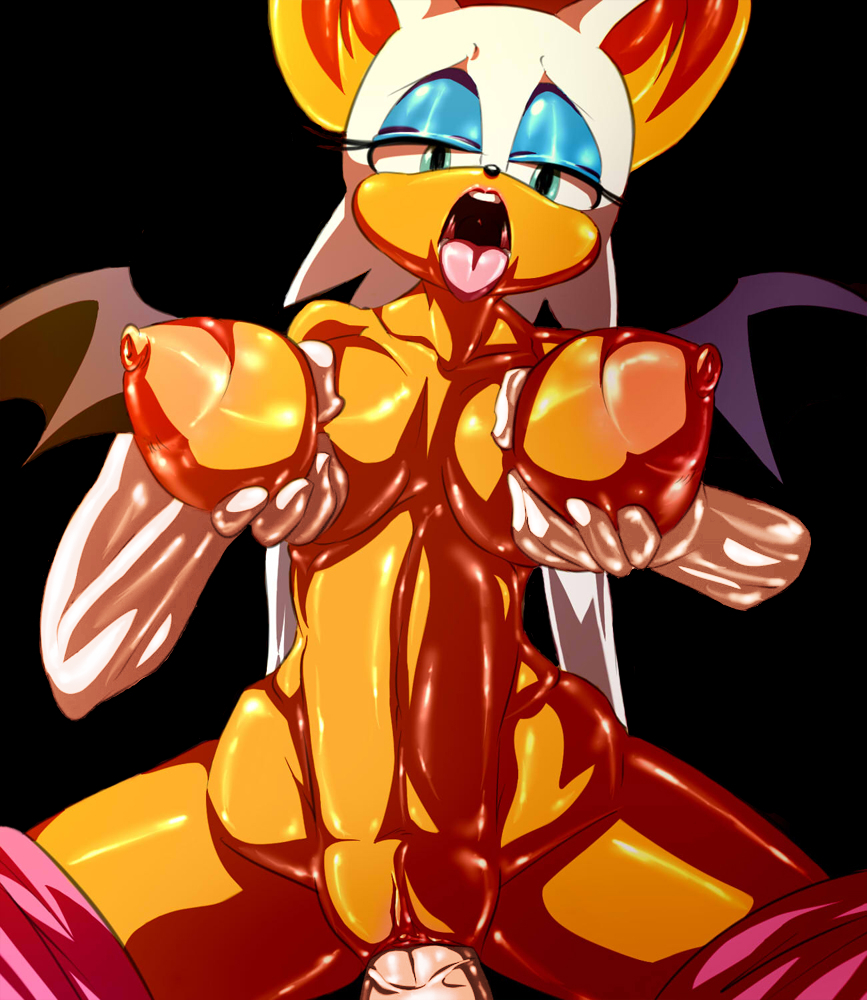 1boy 1girl anthro breast_squeeze breasts female furry huge_breasts human human_male_on_female_anthro interspecies large_breasts looking_pleasured male male/female nude open_mouth rouge_the_bat sega sonic_(series) tongue tongue_out vaginal