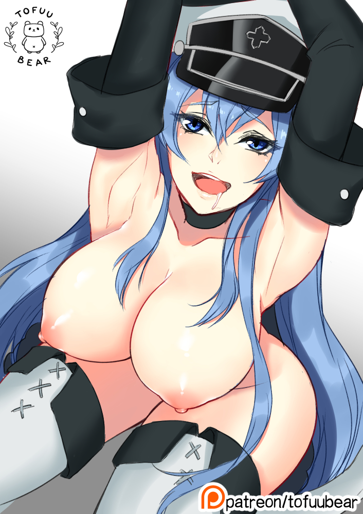 1girl akame_ga_kill! areola armpits arms_up artist_name big_breasts blue_eyes blue_hair blush breasts clavicle clothing collar curvaceous elbow_gloves esdeath eyebrows_visible_through_hair functionally_nude gloves hat huge_breasts light-skinned light-skinned_female long_hair looking_at_viewer matching_hair/eyes military_hat naked_thighhighs nipples nude open_mouth patreon puffy_areolae saliva shiny shiny_hair shiny_skin sitting stockings tofuubear very_long_hair web_address web_address_with_path wide_hips