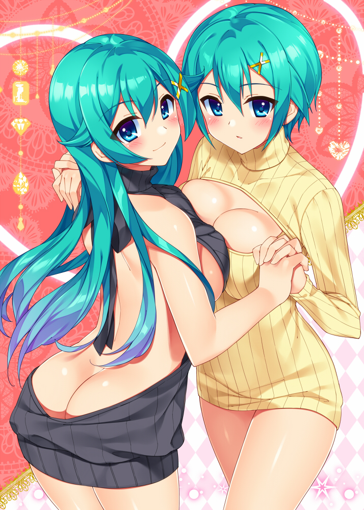 2_girls :o aqua_hair ass ass_crack back backless_outfit bangs bare_back bare_shoulders big_breasts black_dress black_sweater blue_eyes blush breast_press breasts breasts_press bucchake_(asami) butt_crack cleavage cleavage_cutout closed_mouth collarbone cowboy_shot cute dress eyebrows_visible_through_hair from_behind gradient gradient_hair green_hair hair_between_eyes hair_ornament hairclip halterneck hands_together happy holding_hands interlocked_fingers kaitou_tenshi_twin_angel large_breasts legs_together long_hair looking_at_viewer looking_back meme_attire mouth_closed multicolored_hair multiple_girls naked_sweater nine_violet no_bra no_panties no_underwear open-back_dress open-chest_sweater ribbed_sweater short_hair sideboob sleeveless sleeveless_turtleneck smile sweater sweater_dress symmetrical_docking tesla_violet turtleneck turtleneck_sweater twin_angel virgin_killer_sweater
