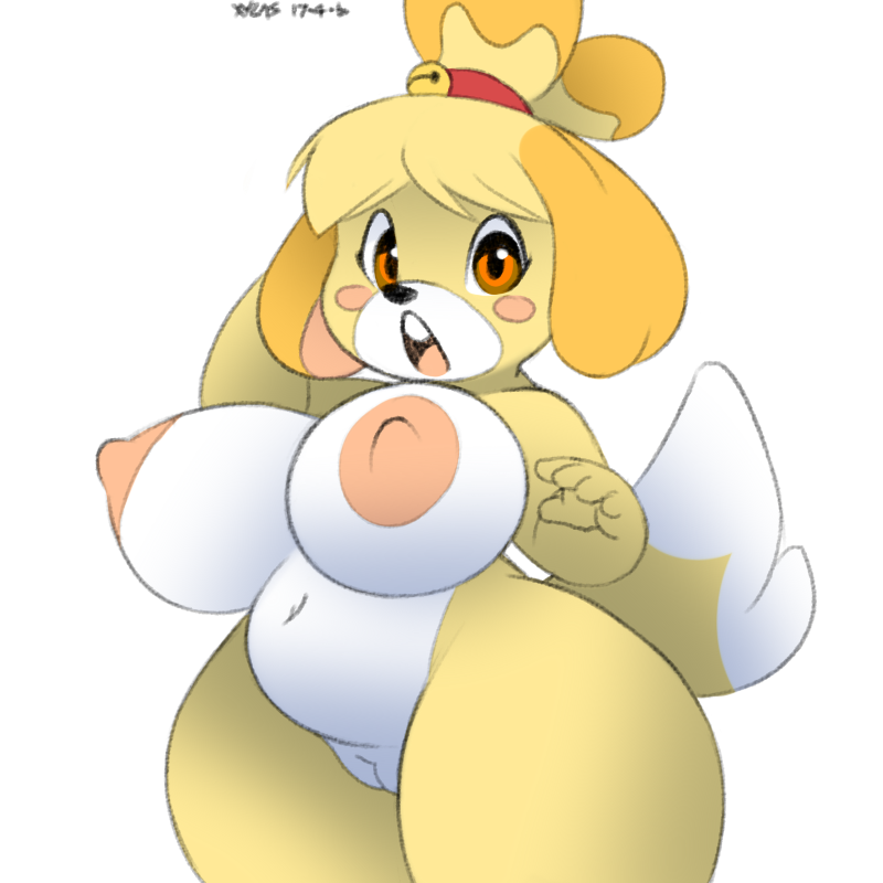 1girl 1girl 2017 animal_crossing anthro areola big_breasts blush breasts canine dog erect_nipples fur furry hair isabelle_(animal_crossing) looking_at_viewer mammal nintendo nipples nude open_mouth pussy simple_background tongue video_games white_fur xylas yellow_fur