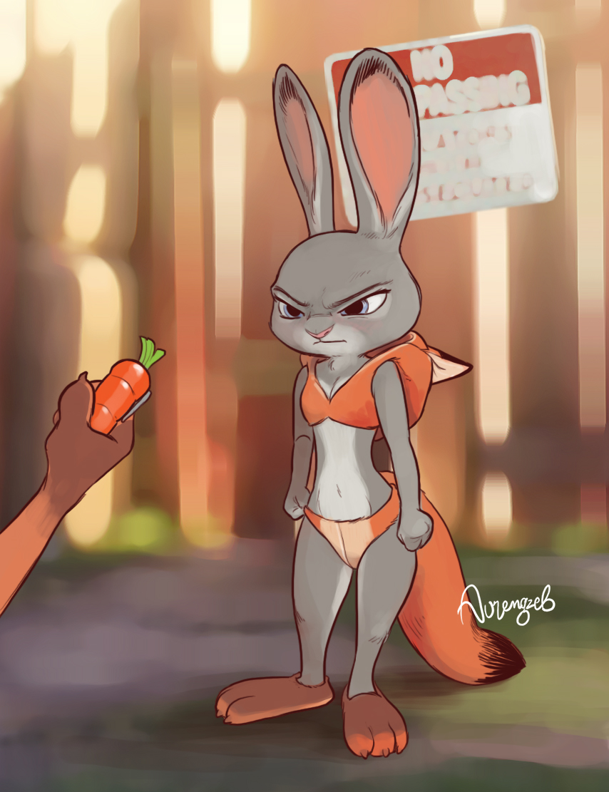 1girl 2017 anthro blue_eyes blush breasts canine carrot clothed clothing disembodied_hand disney duo food fox furry glare hood judy_hopps lagomorph male mammal navel nick_wilde pen rabbit skimpy small_breasts solo_focus tears-of-blade vegetable zootopia