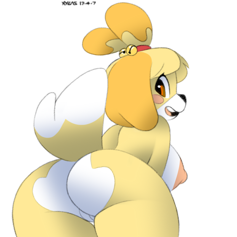 1girl 1girl 2017 animal_crossing anthro areola ass big_breasts blush breasts canine dog erect_nipples fur furry hair isabelle_(animal_crossing) looking_at_viewer mammal nintendo nipples nude open_mouth pussy simple_background smile tongue video_games white_fur xylas yellow_fur