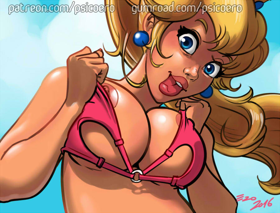 1girl bikini breasts nipples princess_peach psicoero super_mario_bros.