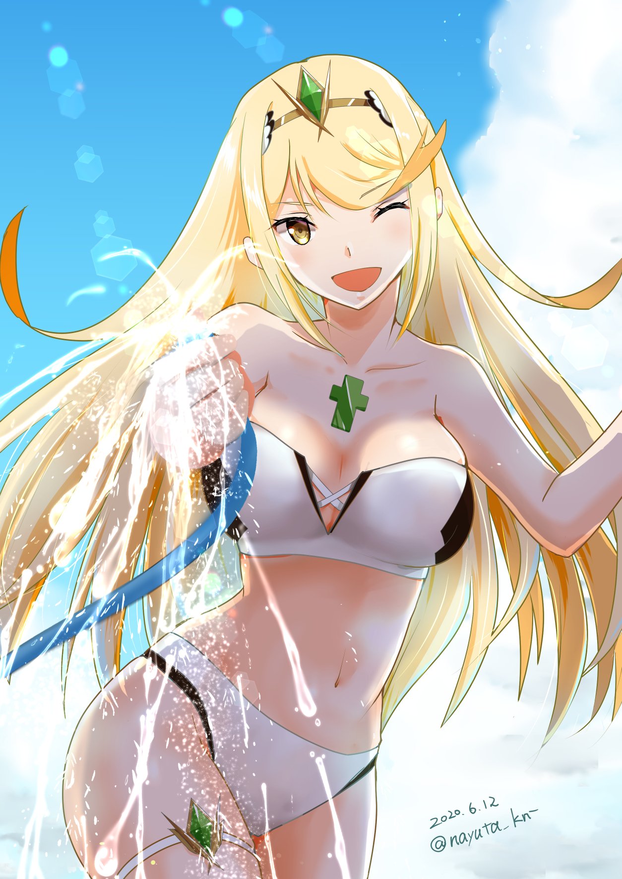 1girl :d alluring big_breasts bikini blonde_hair breasts chest_jewel cleavage cowboy_shot day high_res hose long_hair mythra mythra_(xenoblade) navel nayuta-kanata nintendo one_eye_closed open_mouth outside sky smile strapless strapless_bikini swimsuit thigh_strap voluptuous water white_bikini xenoblade_(series) xenoblade_chronicles_2 yellow_eyes
