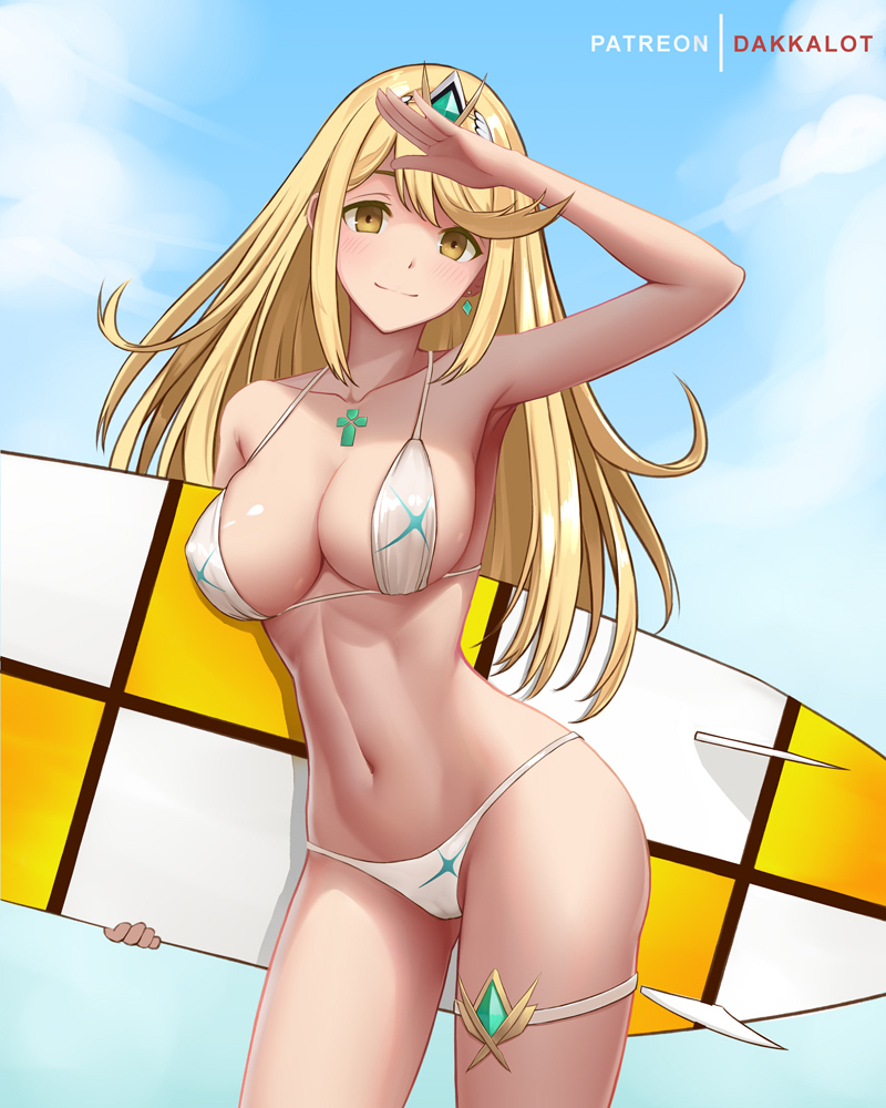 1girl alluring armpits arms_up artist_name bare_arms bare_shoulders big_breasts bikini blonde_hair blue_sky blush breasts brown_eyes cleavage closed_mouth collarbone contrapposto cowboy_shot dakkalot day earrings female_abs gem holding jewelry long_hair looking_at_viewer mythra mythra_(xenoblade) nintendo outside salute sky smile stomach surfboard swimsuit thighs tiara very_long_hair voluptuous white_bikini xenoblade_(series) xenoblade_chronicles_2