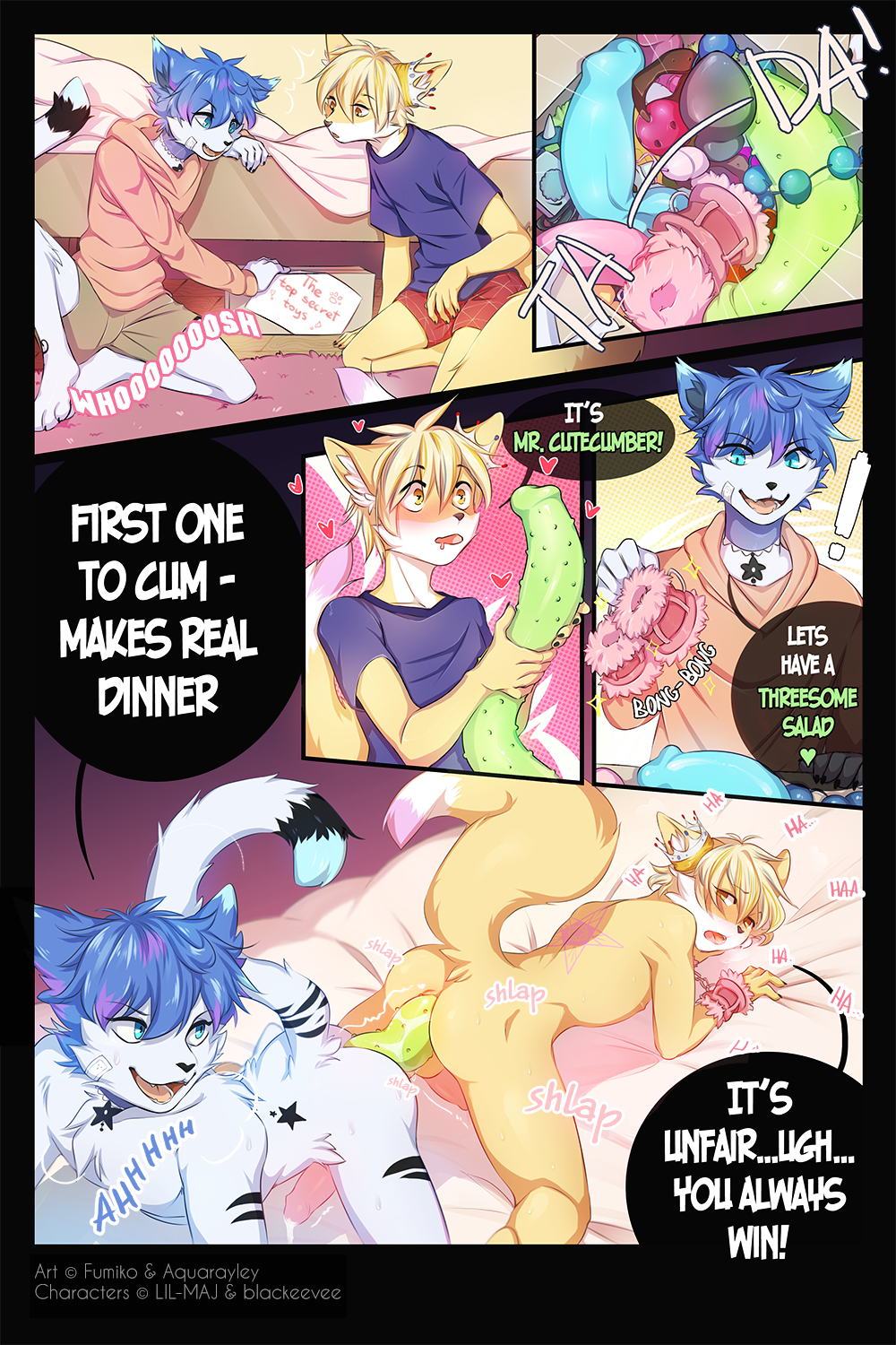 anthro aquarayley band-aid bandage bed blonde_hair blue_eyes blue_hair canine clothed clothing comic crown cum cum_while_penetrated dildo double_dildo duo erection eyebrows fox fumiko fur furry hair handcuffs heart high_res male male/male male_penetrating mammal multicolored_fur open_mouth panting penetration pentagram prince_rigel rayley saliva sex sex_toy shackles text yellow_eyes