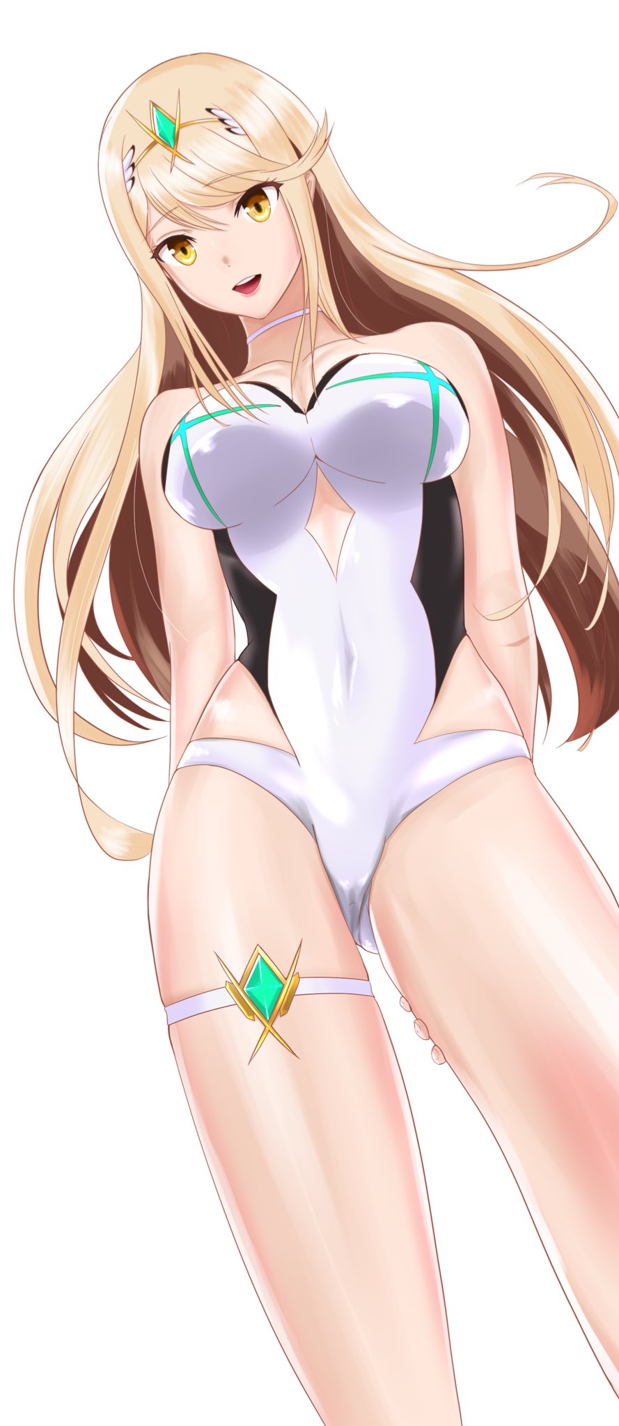 1girl :d alluring bangs bare_arms bare_legs bare_shoulders big_breasts blonde_hair breasts choker covered_navel donageage from_below high_res long_hair looking_at_viewer mythra mythra_(xenoblade) nintendo one-piece_swimsuit open_mouth simple_background smile strapless strapless_swimsuit super_smash_bros._ultimate swept_bangs swimsuit thigh_strap tiara voluptuous white_background white_choker white_swimsuit xenoblade_(series) xenoblade_chronicles_2 yellow_eyes