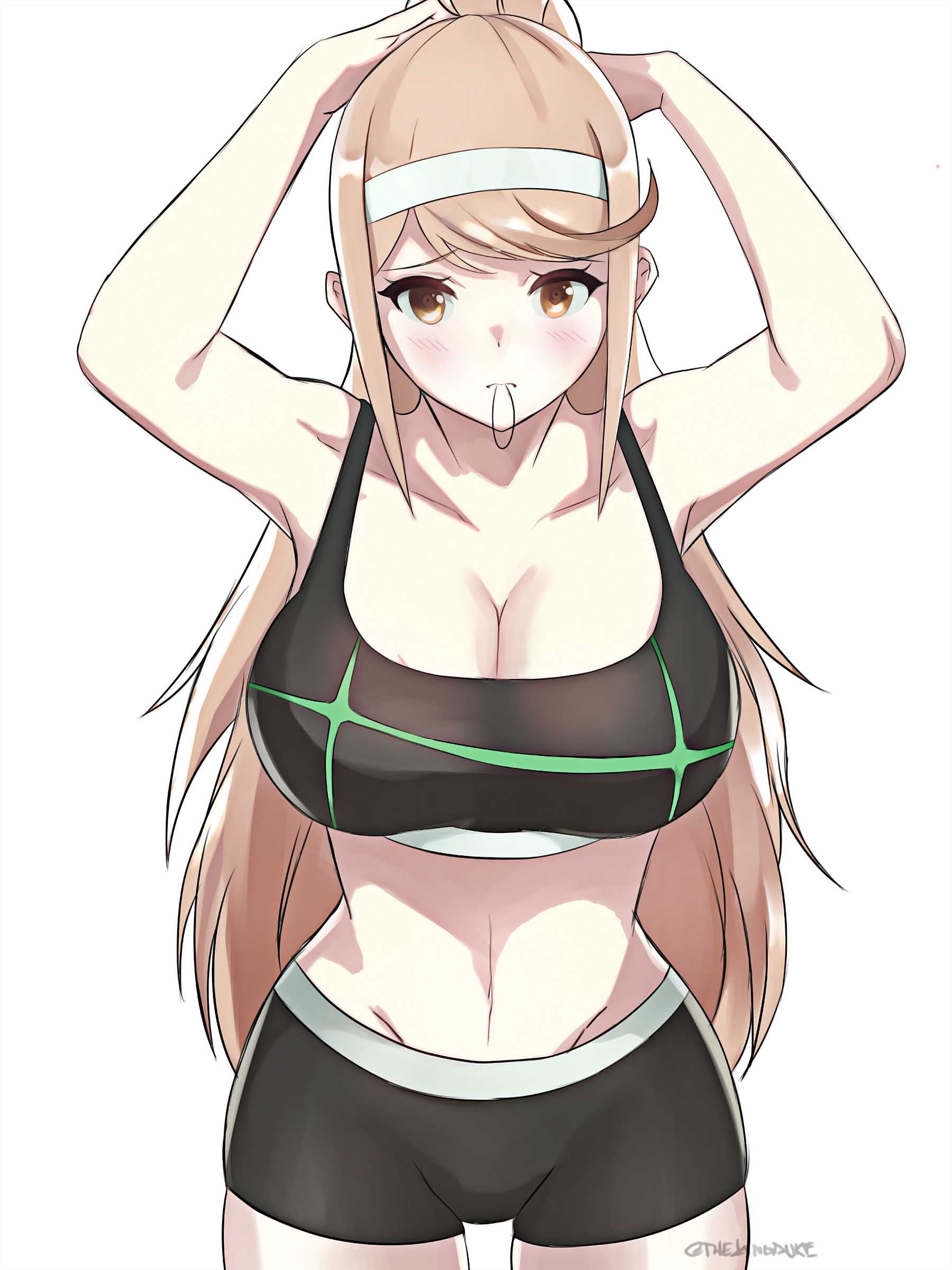1girl absurd_res adjusting_hair alluring alternate_costume arms_behind_head arms_up bangs big_breasts bikini black_shorts black_sports_bra blush breasts brown_eyes brown_hair cleavage cord cowboy_shot gym_uniform hairband headpiece high_res long_hair looking_at_viewer mythra mythra_(xenoblade) neon_trim nintendo ponytail shorts shy simple_background sports_bra standing stomach swept_bangs swimsuit the_kingdude twitter_username very_long_hair voluptuous white_background xenoblade_(series) xenoblade_chronicles_2