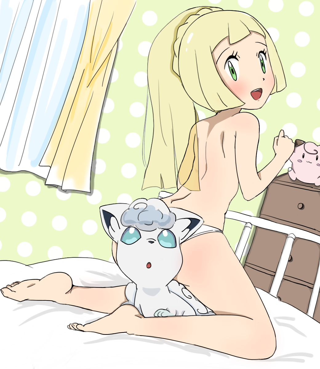 alolan_pokemon alolan_vulpix bed bedroom lillie lillie_(pokemon) pokemon_(anime) pokemon_(game) pokemon_sm porkyman topless vulpix
