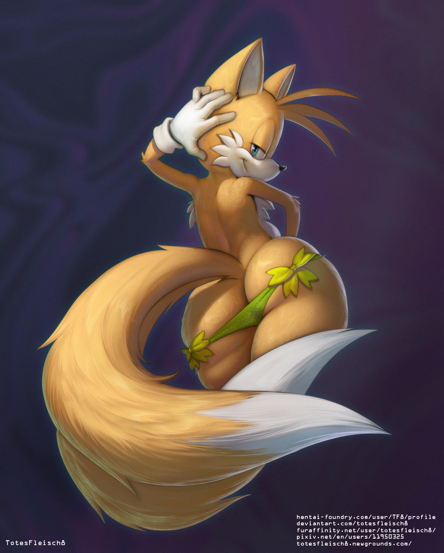 1girl 2021 2_tails anthro ass big_ass black_nose blue_eyes canid canine clothing dat_ass digital_media_(artwork) dipstick_tail fox gloves half-closed_eyes handwear head_tuft looking_at_viewer looking_back looking_back_at_viewer male mammal miles_"tails"_prower multi_tail multicolored_tail narrowed_eyes sega smile text thick_thighs totesfleisch8 tuft underwear url