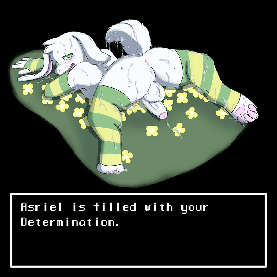 1boy 2016 anthro anus asriel_dreemurr ass backsack balls blush bodily_fluids bottom_asriel clothed clothing cum cum_on_body dialog dialogue dialogue_box english_text erection flower flowers fur furry girly green_eyes humanoid_penis kyuutei laying_on_stomach legwear long_ears looking_at_viewer looking_back lying lying_on_stomach male male_only nude on_front open_mouth penis presenting presenting_rear simple_background smile solo solo_male stockings striped_armwear striped_legwear striped_stockings sweat testicles text text_box uke_asriel uncut undertale undertale_(series) video_games white_fur