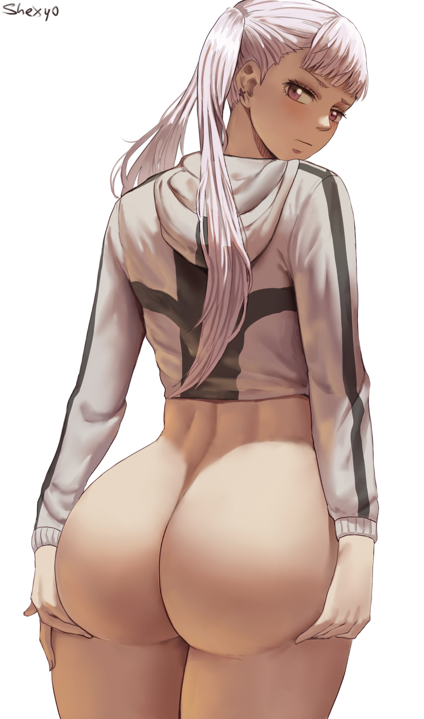 1girl 2021 artist_signature ass ass_cheeks ass_focus ass_shot back back_view black_clover bottomless bottomless_female bubble_butt female_focus female_only high_res hooded_jacket huge_ass jacket long_hair long_sleeves looking_at_viewer looking_back looking_over_shoulder noelle_silva purple_eyes reaching_back shexyo thick_thighs thighs twin_tails white_background white_hair white_jacket