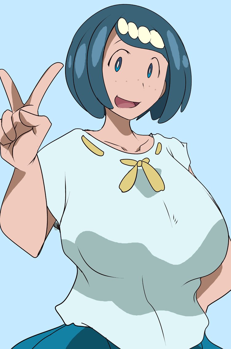 :d big_breasts female_only freckles huge_breasts lana's_mother looking_at_viewer pokemon pokemon_(anime) pokemon_sm solo_female suiren's_mother suitekiya2 upper_body v