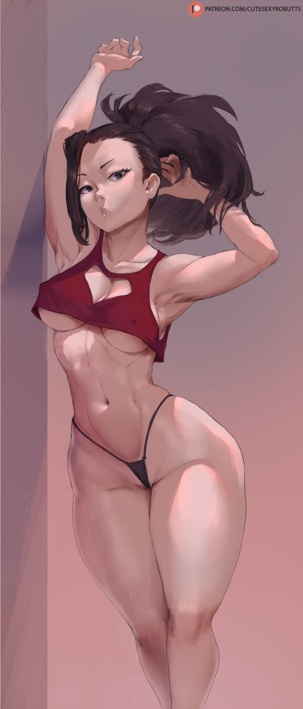1girl armpits arms_up black_hair black_panties breasts cutesexyrobutts erect_nipples feet_out_of_frame female_focus female_only hand_in_hair legs looking_at_viewer momo_yaoyorozu my_hero_academia panties partially_clothed ponytail sideass solo_female solo_focus thicc thick_thighs thighs