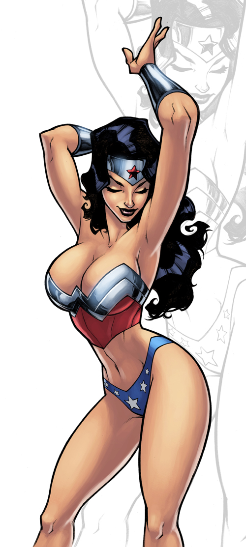 1girl amazon armpit armpits bare_shoulders big_breasts black_hair bracelet breasts cleavage closed_eyes covered_breasts dc dc_comics diana_prince female female_only hips large_breasts laurent_logicfun light-skinned light-skinned_female long_hair midriff navel pedro_delgado smile solo standing tiara wide_hips wonder_woman wonder_woman_(series)