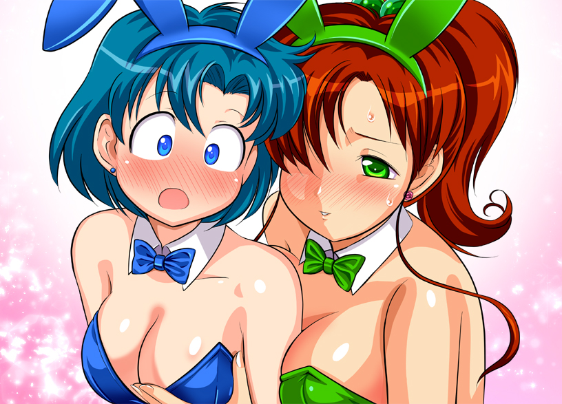 2girls ami_mizuno bare_shoulders big_breasts bishoujo_senshi_sailor_moon blue_eyes blue_hair blush breasts brown_hair bunny_ears bunny_girl bunnysuit cleavage clothed duo female female_only green_eyes kino_makoto makoto_kino mizuno_ami pirochi sailor_jupiter sailor_mercury sailor_moon yuri