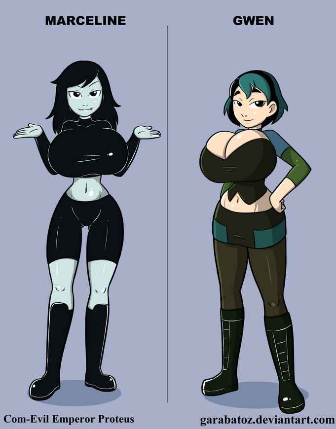 2_girls adventure_time big_breasts black_eyes breasts cartoon_network cleavage crossover dyed_hair female garabatoz goth gwen_(tdi) hourglass_figure marceline pale-skinned_female thick_ass thick_legs thick_thighs total_drama_island two_tone_hair wasp_waist
