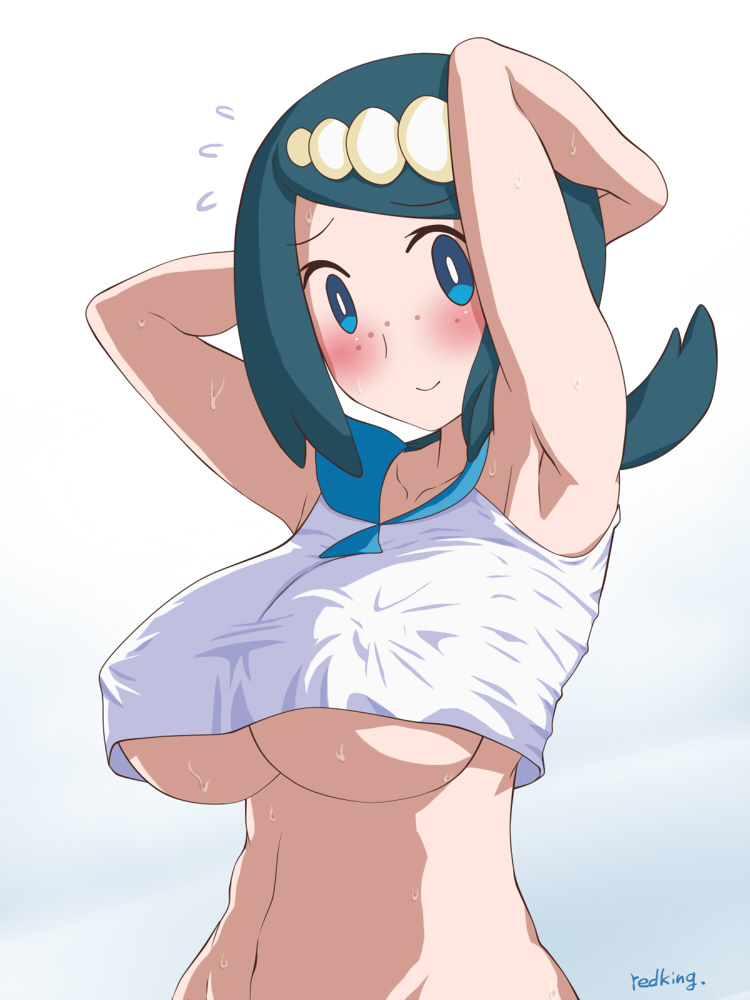 1girl akadama armpits arms_behind_head arms_up blue_eyes blue_hair blush breasts crop_top crop_top_overhang erect_nipples freckles hairband lana's_mother large_breasts looking_at_viewer mature milf pokemon pokemon_(anime) pokemon_sm_(anime) shirt sleeveless sleeveless_shirt smile solo suiren's_mother underboob undersized_clothes upper_body white_hairband white_shirt