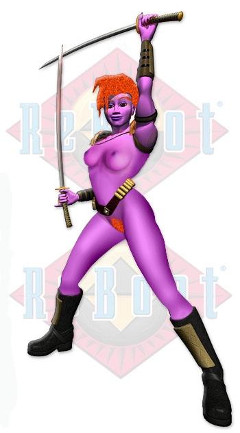 1girl 3d female_only mouse mouse_(reboot) purple_skin reboot solo_female sword tikbana topless weapon