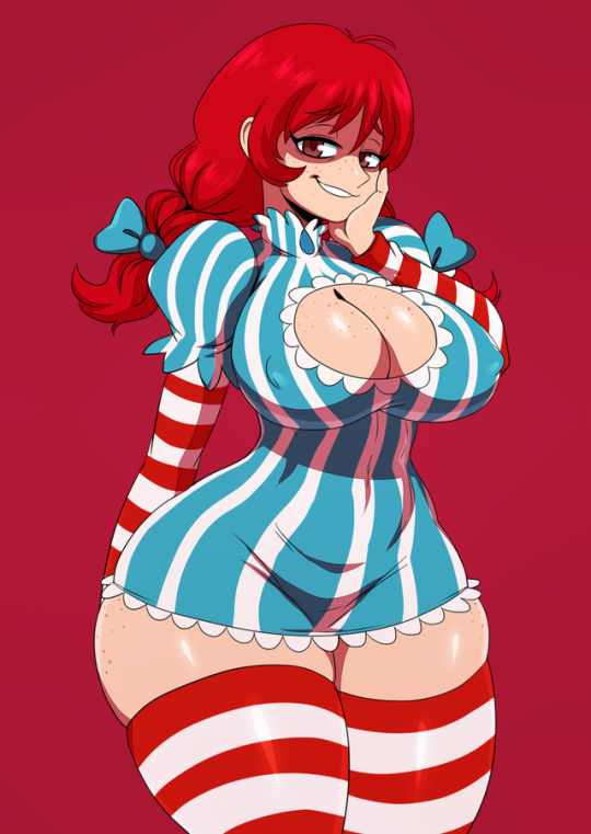 1girl big_breasts breasts cleavage cleavage_cutout clothing_cutout covered_erect_nipples curvy dress eric_lowery female_only freckles grin highres long_hair looking_at_viewer product_girl red_eyes red_hair smile solo_female striped striped_dress striped_legwear striped_thighhighs thick_thighs thighs twin_tails wendy's wendy_(wendy's) wide_hips zettai_ryouiki