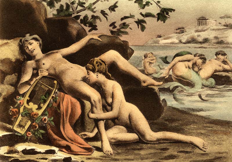 breasts building closed_eyes cunnilingus full_body human leaf lying lying_on_rocks mermaid multiple_girls multiple_mermaids navel nude on_back open_mouth oral partially_submerged paul_avril rocks sappho spread_legs toes traditional_media water yuri