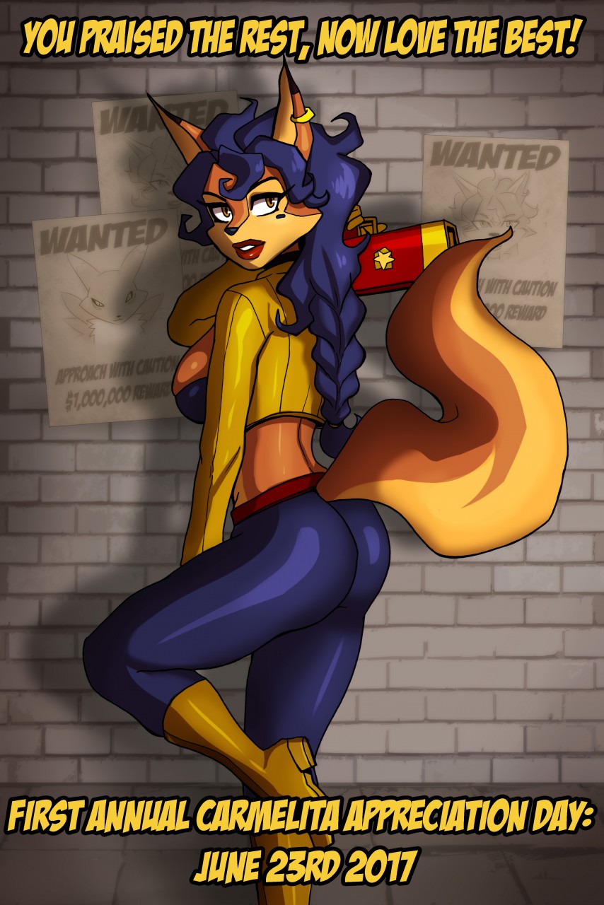 1girl anthro ass blue_hair breasts canine carmelita_fox clothed clothing ear_piercing footwear fox furry hair madopts mammal piercing shoes sideboob sly_cooper_(series) video_games