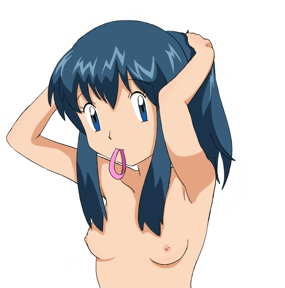 dawn dawn_(pokemon) hikari_(pokemon) looking_at_viewer nude pokemon pokemon_(anime) porkyman scrunchie simple_background small_breasts white_background