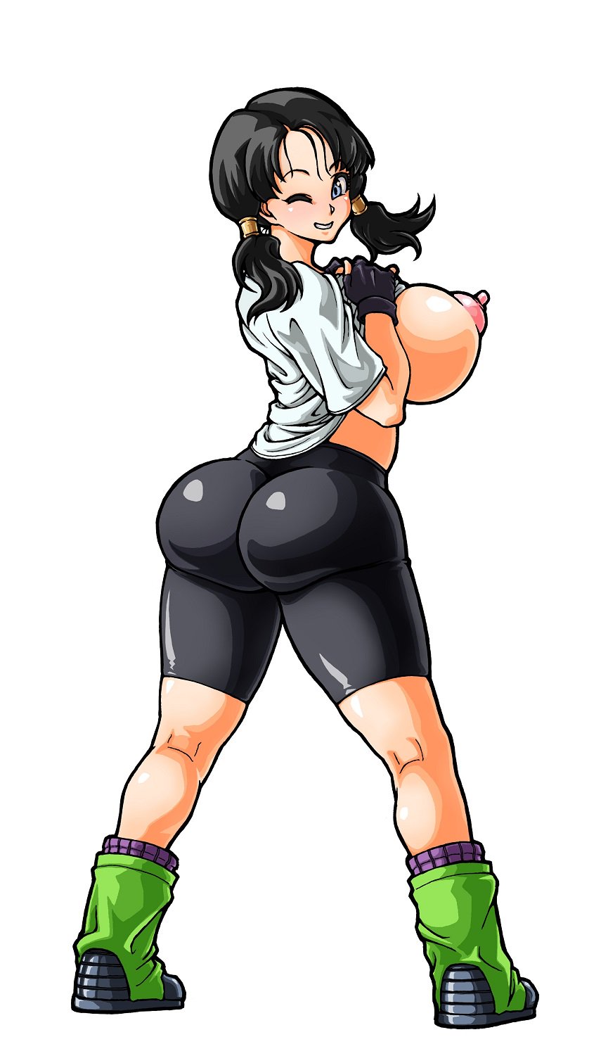 1girl ass big_breasts black_hair blue_eyes breasts cute dragon_ball dragon_ball_z long_hair looking_at_viewer looking_back nipples smile twin_tails videl wink wrato