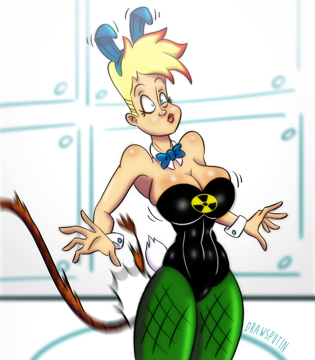 1girl big_breasts breasts bunny_ears bunny_girl bunny_tail bunnysuit cleavage drawsputin female_only genderswap jenny_test johnny_test johnny_test_(character) weapon whip