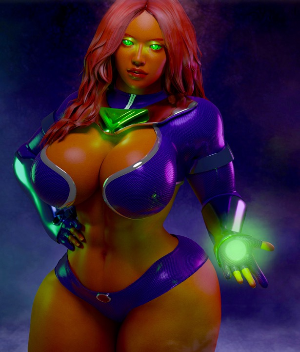 1girl 3d abs alien alien_girl alluring big_breasts breasts cleavage clothed crop_top dark-skinned_female dark_skin dc_comics gloves glowing glowing_eyes looking_at_viewer milf mostly_nude navel red_hair redhead revealing_clothes sexy slut standing starfire stomach teen_titans thick thick_thighs wide_hips